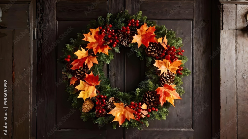 Fototapeta premium Vibrant autumn wreath with pine cones and berries on wooden door, perfect for fall decor