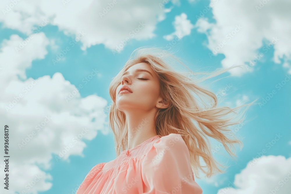 A beautiful, blonde woman in a pink blouse stands under a blue sky with clouds. A beautiful, blonde woman in a pink blouse stands under a blue sky with clouds.