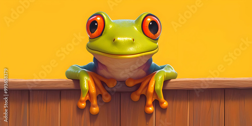 Smiling Frog Leans on Wooden Fence with Copy Space photo