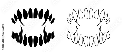 Predators teeth tattoo. Black beast jaw icon. Monsters fang outline for decoration.