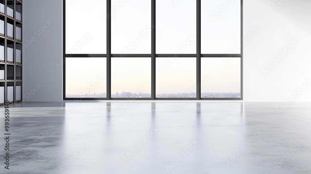Fototapeta premium Empty warehouse with a clean concrete floor, logistics and shipping facility, organized storage racks, large open windows with a view of a picturesque sunset