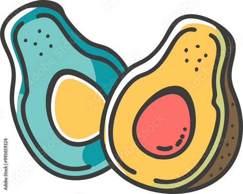 half avocados in watercolor drawing, icon offset fill