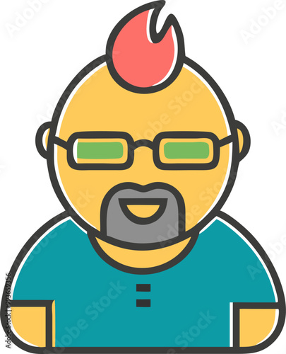a logo of a small chubby person with a short beard with piercing and a mohawk and white glasses,