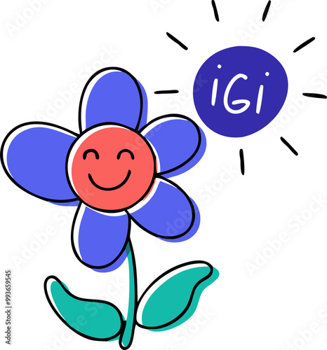 lovely flower with smily face the sun is shining the right side down with word igi in cute font,