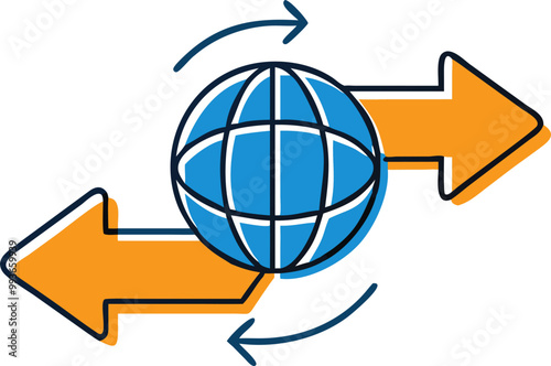 simple graphical arrows going in opposite directions with a globe or cargo symbol, icon doodle