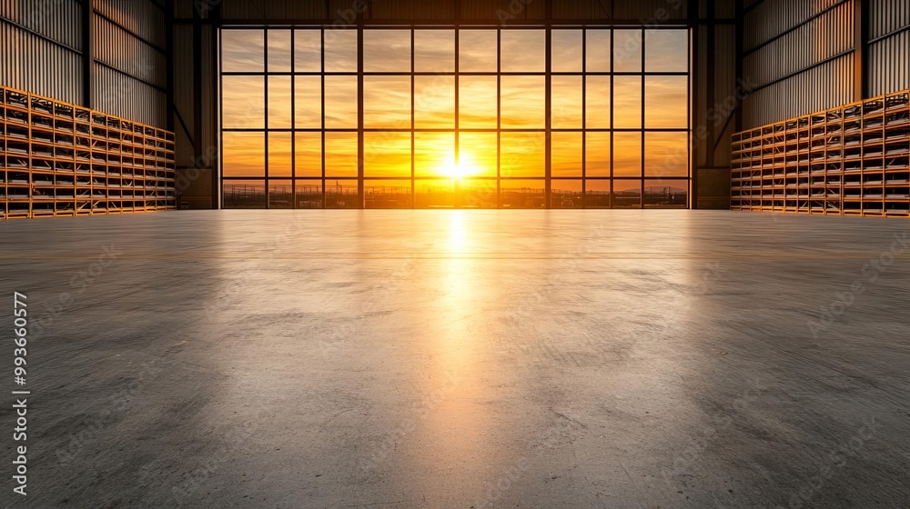 Empty warehouse with a clean concrete floor, logistics and shipping facility, organized storage racks, large open windows with a view of a picturesque sunset Empty warehouse with a clean concrete floor, logistics and shipping facility, organized storage racks, large open windows with a view of a picturesque sunset