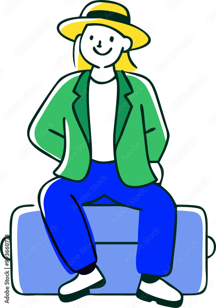 a vivid illustration of a smiling traveler sitting on a suitcase she is dressed in casual travel a vivid illustration of a smiling traveler sitting on a suitcase she is dressed in casual travel