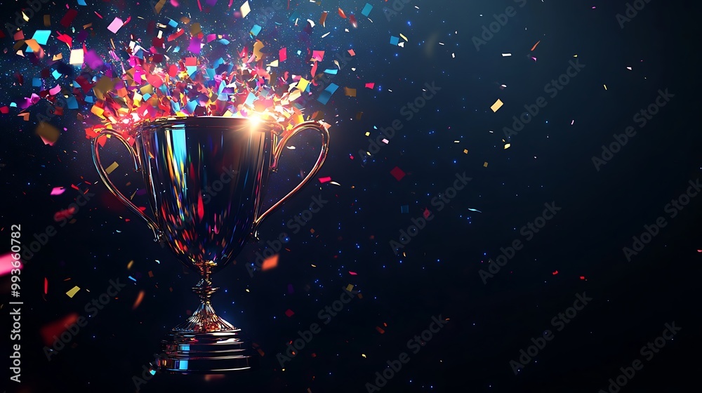 A golden trophy with confetti exploding from it against a dark blue background. A golden trophy with confetti exploding from it against a dark blue background.