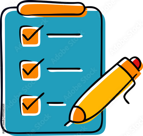 list, checklist with pen and stamp, icon doodle offset fill