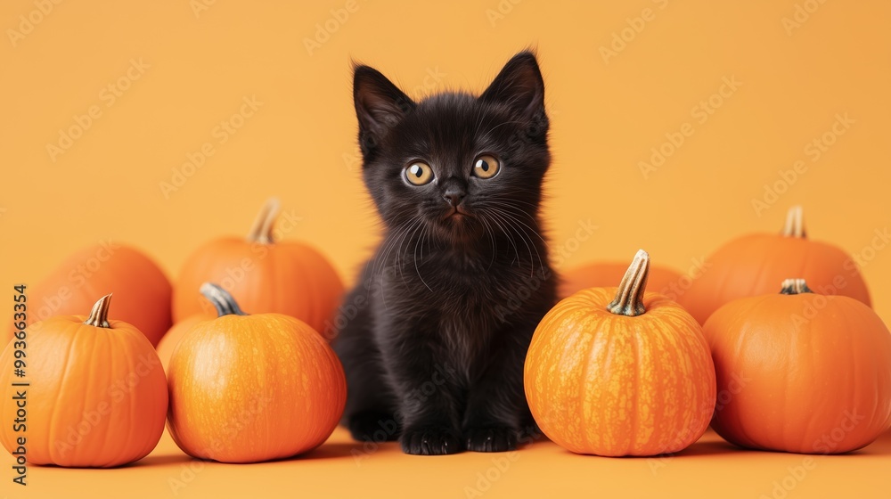 Black kitten with orange pumpkin on an orange background Black kitten with orange pumpkin on an orange background