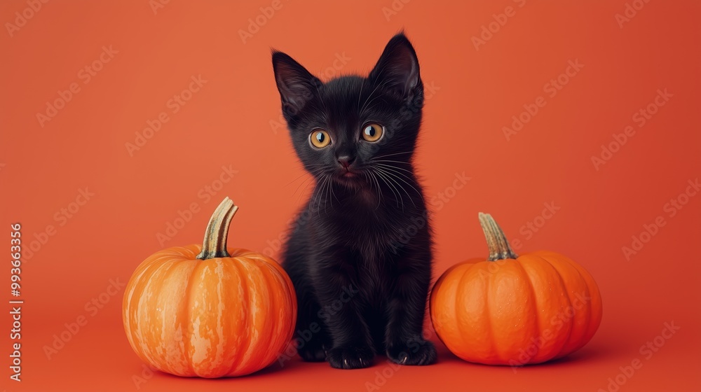 Black kitten with orange pumpkin on an orange background Black kitten with orange pumpkin on an orange background