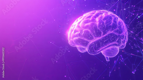 A purple background shows a human brain as a hologram. This image represents ideas about artificial intelligence, how computers learn, and robots.