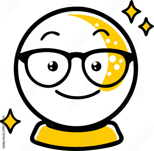 nerd crystal ball emoji in glasses with sparkles, icon doodle fill