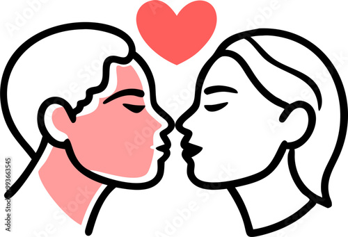 interracial couple kissing, icon doodle fill