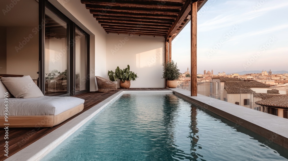 Obraz premium A stunning rooftop pool offers panoramic views of the cityscape under a calm evening sky, blending urban sophistication with luxurious tranquility in an inviting retreat.