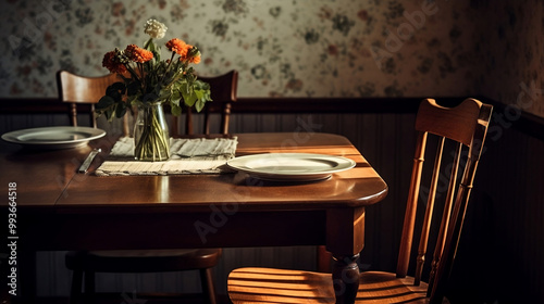 Empty Family Dinner Table with Warm Sunlight and Flowers
