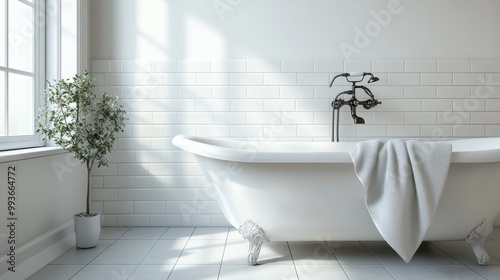 Sunlit bathroom featuring a luxurious white clawfoot tub with a textured towel draped over it, contrasting black fixtures, and a plant by a large window enhancing the airy ambiance. photo