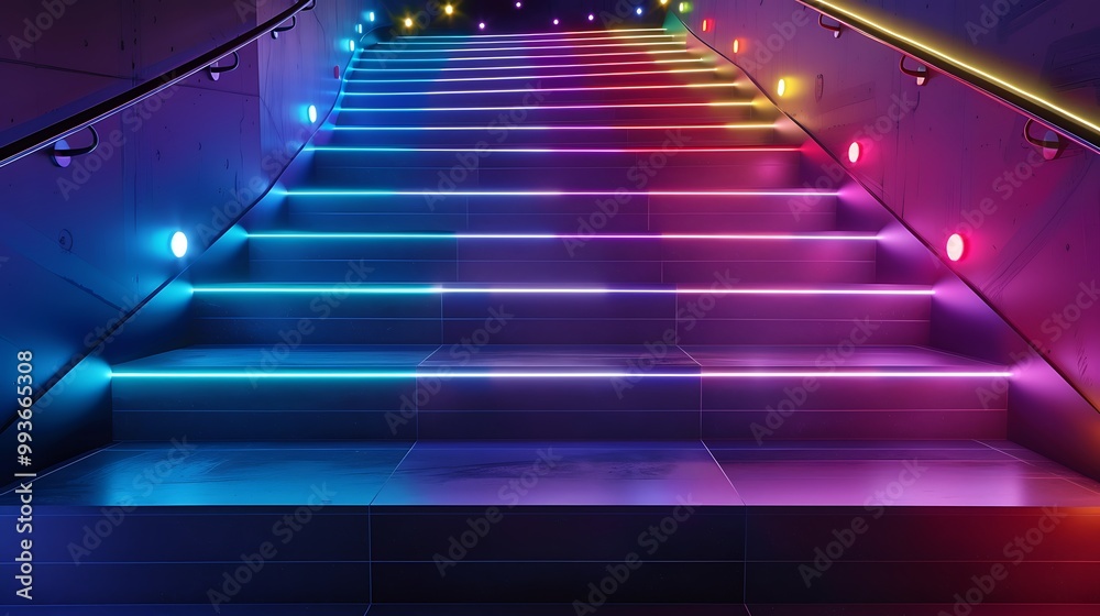 Midnight staircase modern stair with colorful light bulbs built into every turn