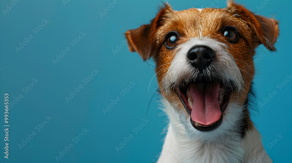 Dog with Open Mouth and Tongue Out, Copy Space on Blue Background Dog with Open Mouth and Tongue Out, Copy Space on Blue Background