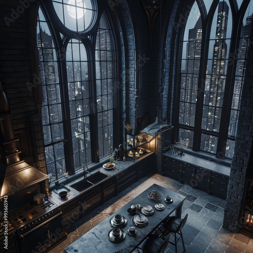 hihg angle shot of gothic medieval kitchen, spacious and sofisticated, with custom furniture and cooking table in the center. There are cups and plates for dinner, black and white colours. photo