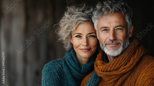 An older couple embraces clad in knit attire, showcasing affection and unity in a rustic setting, highlighting the enduring warmth of love through time. photo