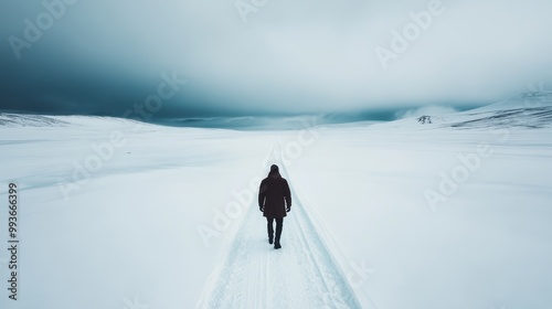 A solitary person is seen walking on a snowy path during a snowstorm, emphasizing the vast, white expanse and the challenging weather conditions they are facing. photo