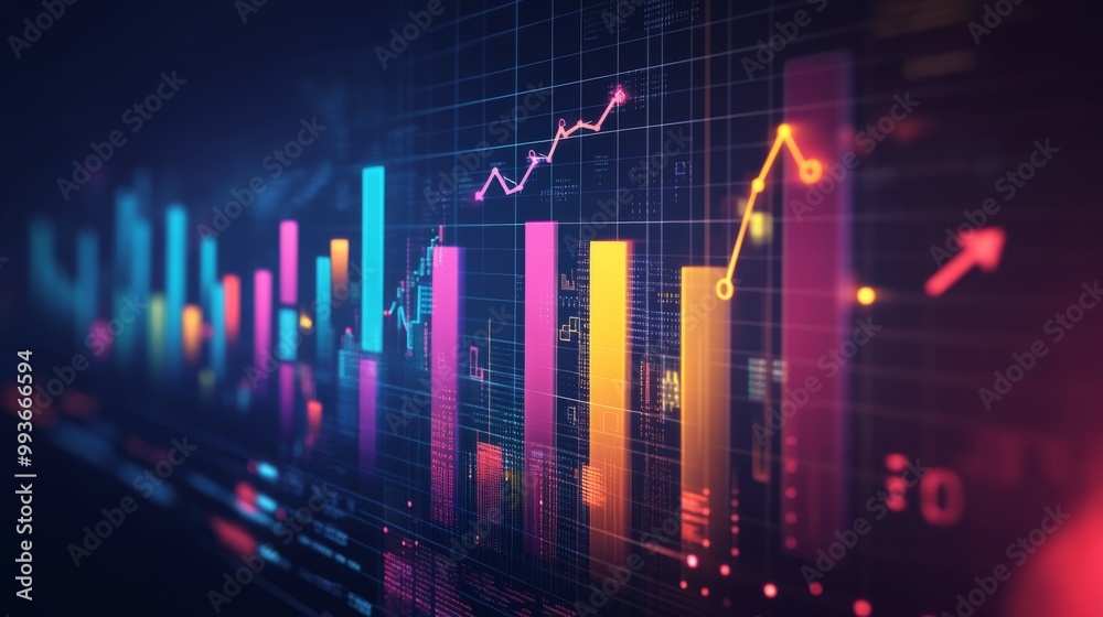 A 3D bar chart with each bar representing different market sectors, set against a dark gradient background, with arrows and icons indicating growth trends. A 3D bar chart with each bar representing different market sectors, set against a dark gradient background, with arrows and icons indicating growth trends.