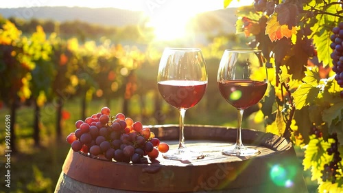 Two glasses of red wine and grapes on a wooden barrel, blur vineyard background