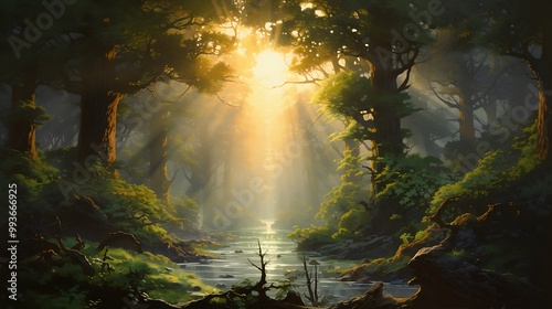 Sunlight streams through the canopy of a lush forest, illuminating a winding creek.