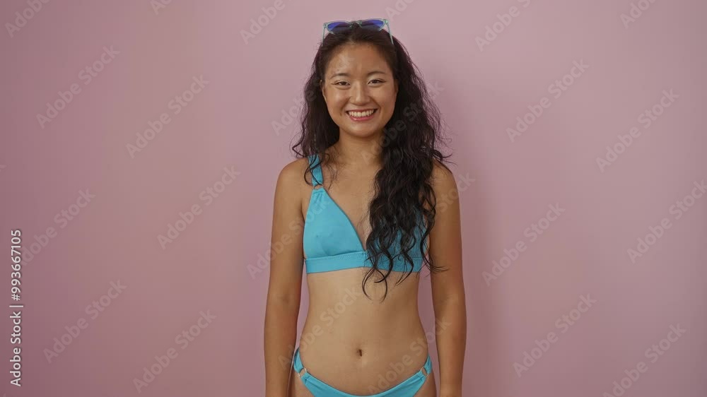Woman in bikini pointing to the side and smiling - young chinese beauty looking at camera with hands and fingers over isolated pink background Woman in bikini pointing to the side and smiling - young chinese beauty looking at camera with hands and fingers over isolated pink background