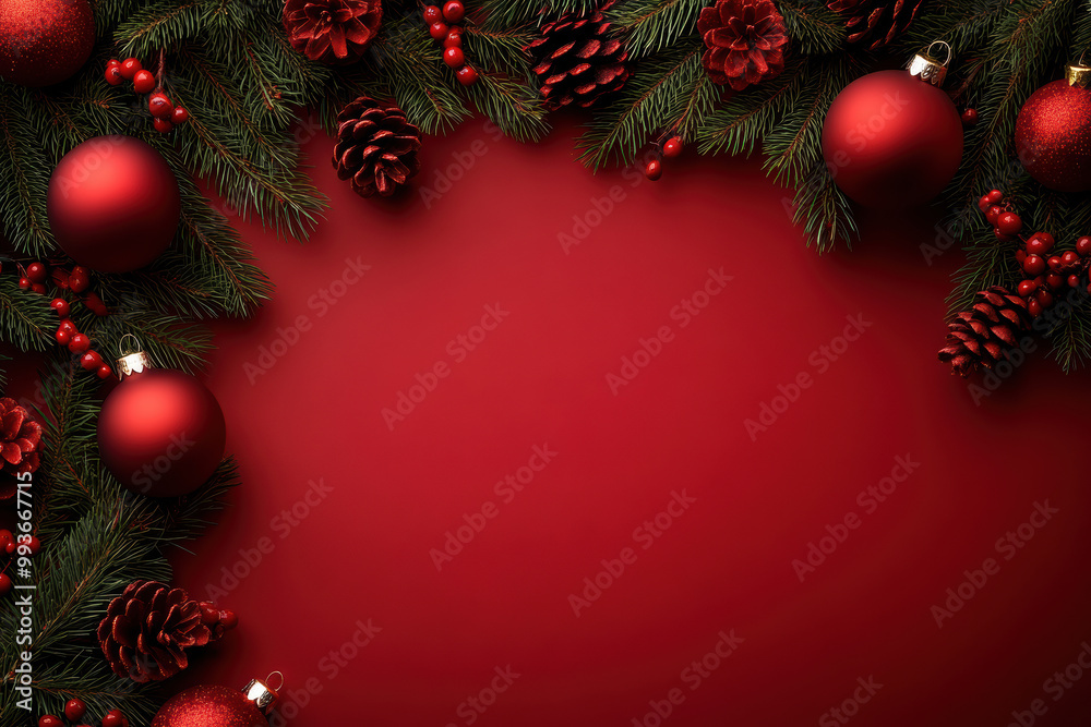 Festive Pine Branches on Red Background Festive Pine Branches on Red Background
