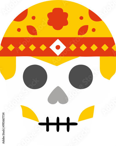 black and white illustration of a skull wearing a bandana the skull is , with deep eye sockets,