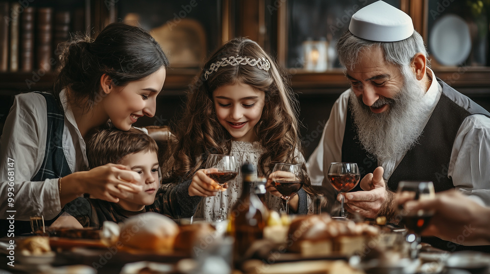 Jewish family sit at the table full of food and celebrate Sabbath Jewish family sit at the table full of food and celebrate Sabbath