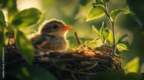 A baby bird peeking out from the edge of a nest, with sunlight illuminating its feathers and a gentle breeze rustling the leaves around it