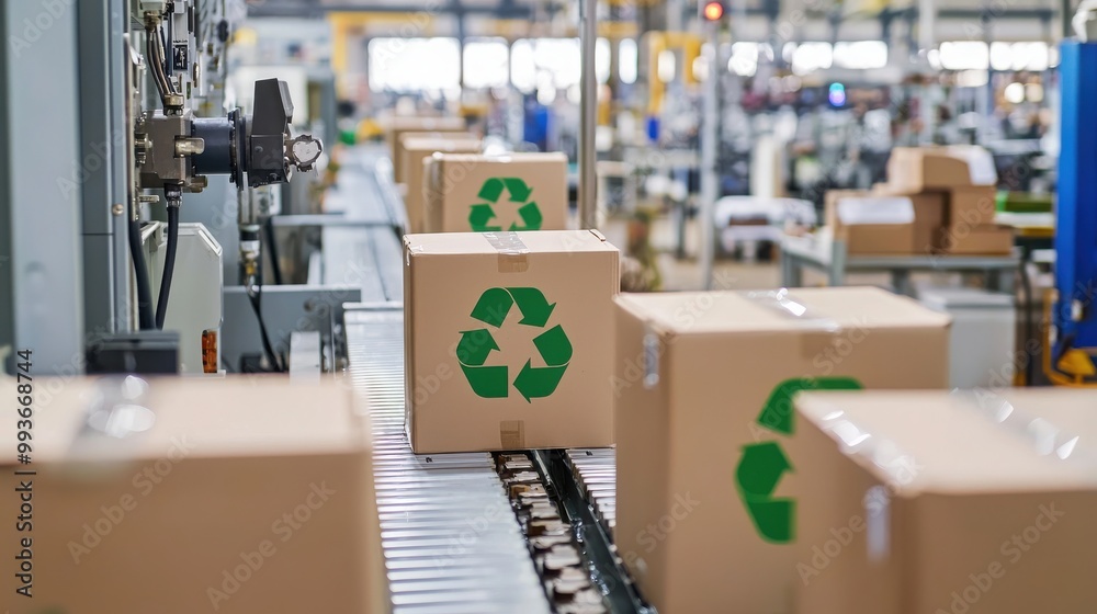 Recycling packaging on a conveyor belt in a modern factory. Sustainable materials for eco-friendly production processes. Recycling packaging on a conveyor belt in a modern factory. Sustainable materials for eco-friendly production processes.