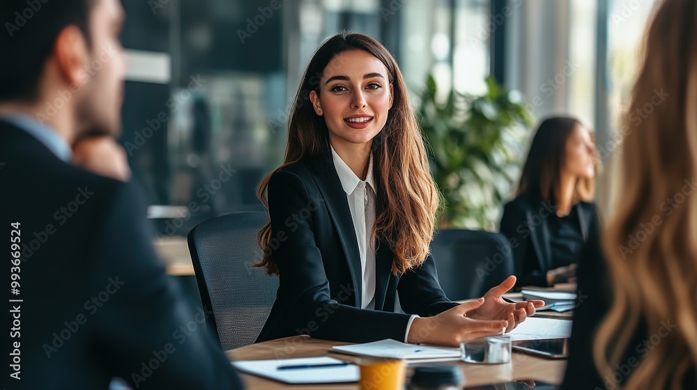 A confident woman engages in a business meeting, smiling and conversing with colleagues in a modern office setting. A confident woman engages in a business meeting, smiling and conversing with colleagues in a modern office setting.