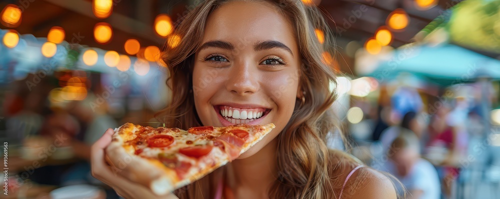 A young woman enjoying a delicious slice of pizza, smiling at a sunlit outdoor restaurant. Free copy space for text. A young woman enjoying a delicious slice of pizza, smiling at a sunlit outdoor restaurant. Free copy space for text.