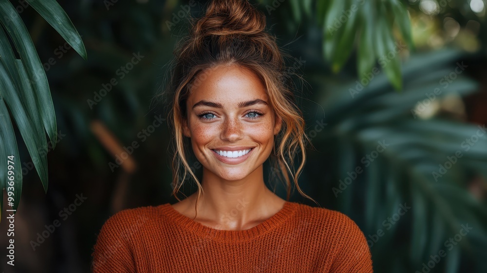 A woman with a bright smile and natural makeup stands in a lush green environment, wearing an orange sweater, conveying warmth and freshness in this portrait. A woman with a bright smile and natural makeup stands in a lush green environment, wearing an orange sweater, conveying warmth and freshness in this portrait.
