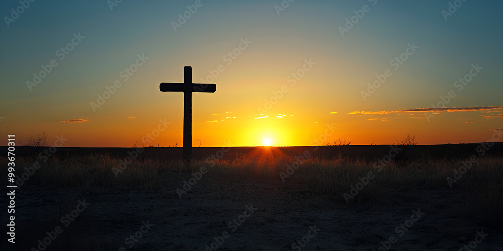 Cross at Sunset in a Serene Landscape Cross at Sunset in a Serene Landscape