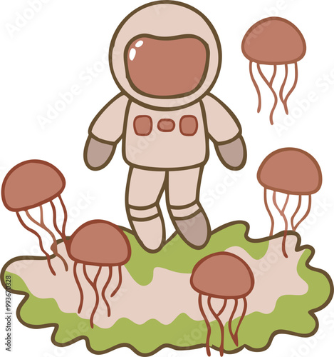 a lone astronaut drifts through a field of bioluminescent space jellyfish, their glow creating a