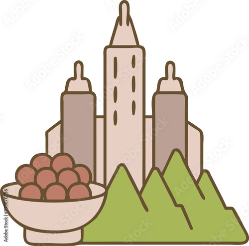 mormon temple and raw materials, icon colored outline