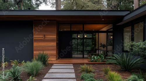 A modern house entrance with wooden accents, large windows, and lush greenery. The clean and sophisticated design creates an inviting and warm aesthetic.