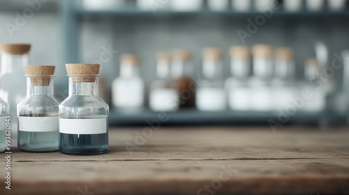 An organized selection of clear glass bottles, each labeled and filled with various liquids, placed on a wooden table in a laboratory setting.