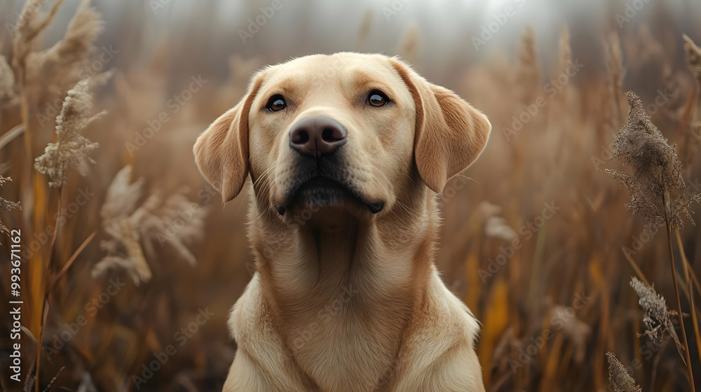 Golden Retriever Dog Portrait in Field of Brown Grass Photo Golden Retriever Dog Portrait in Field of Brown Grass Photo