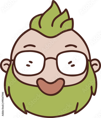 a logo of a chubby person with a short beard and a mohawk and white glasses, icon colored outline