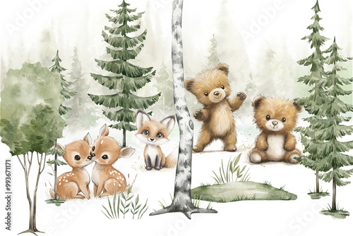 Fototapeta Naklejka Na Ścianę i Meble -  Cute animals in the forest. Illustration for wallpaper, decoration, poster. 