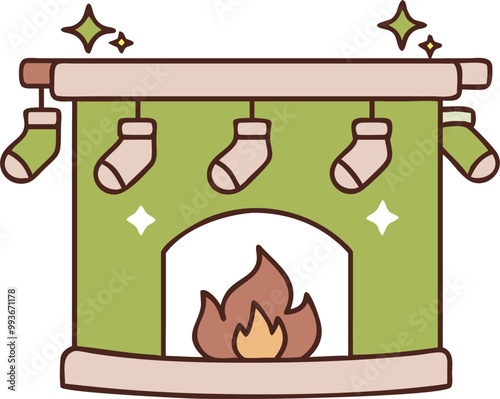 a warm fireplace decorated with stockings and glowing embers, icon colored outline