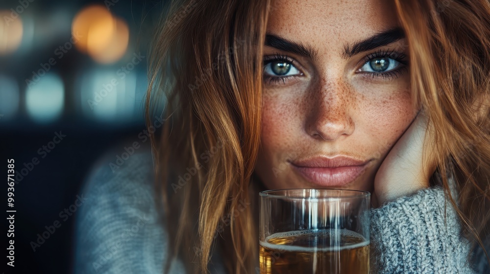 A woman with striking freckles and captivating eyes looks directly at the camera while holding a drink, capturing a moment of contemplation and emotion. A woman with striking freckles and captivating eyes looks directly at the camera while holding a drink, capturing a moment of contemplation and emotion.