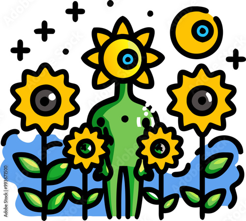 surreal and vibrant painting featuring a humanoid figure with a sunflower head the sunflower has