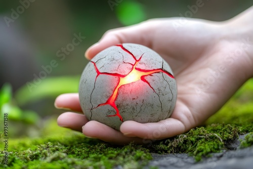 Enchanted Orb: A cracked stone sphere with mystical veins photo